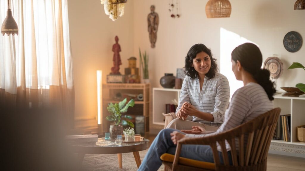 A warm, professional therapy setting with a therapist and client in conversation. The image should have soft, natural lighting and show diverse Indian individuals to represent the Indian context. The therapist should appear attentive and compassionate while the client looks engaged and comfortable, illustrating the supportive therapeutic relationship