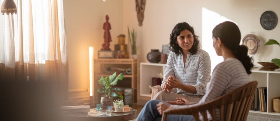 A warm, professional therapy setting with a therapist and client in conversation. The image should have soft, natural lighting and show diverse Indian individuals to represent the Indian context. The therapist should appear attentive and compassionate while the client looks engaged and comfortable, illustrating the supportive therapeutic relationship