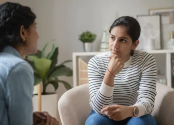 “Two Indian women seated in a calm, indoor setting, with one appearing to provide professional counseling to the other.”