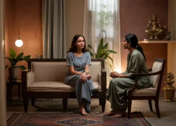 Therapist and client converse in a relaxed therapy chamber with decor inspired by Delhi or Hyderabad, reflecting regional cultural elements.