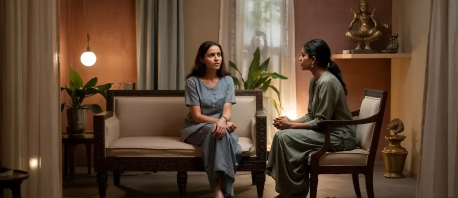 Therapist and client converse in a relaxed therapy chamber with decor inspired by Delhi or Hyderabad, reflecting regional cultural elements.