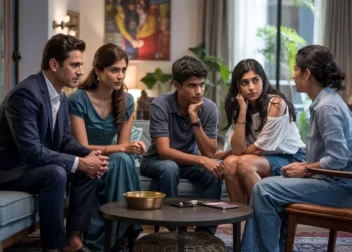 A family therapy session in progress with a lady therapist in an Indian Home at findmytherapist.in